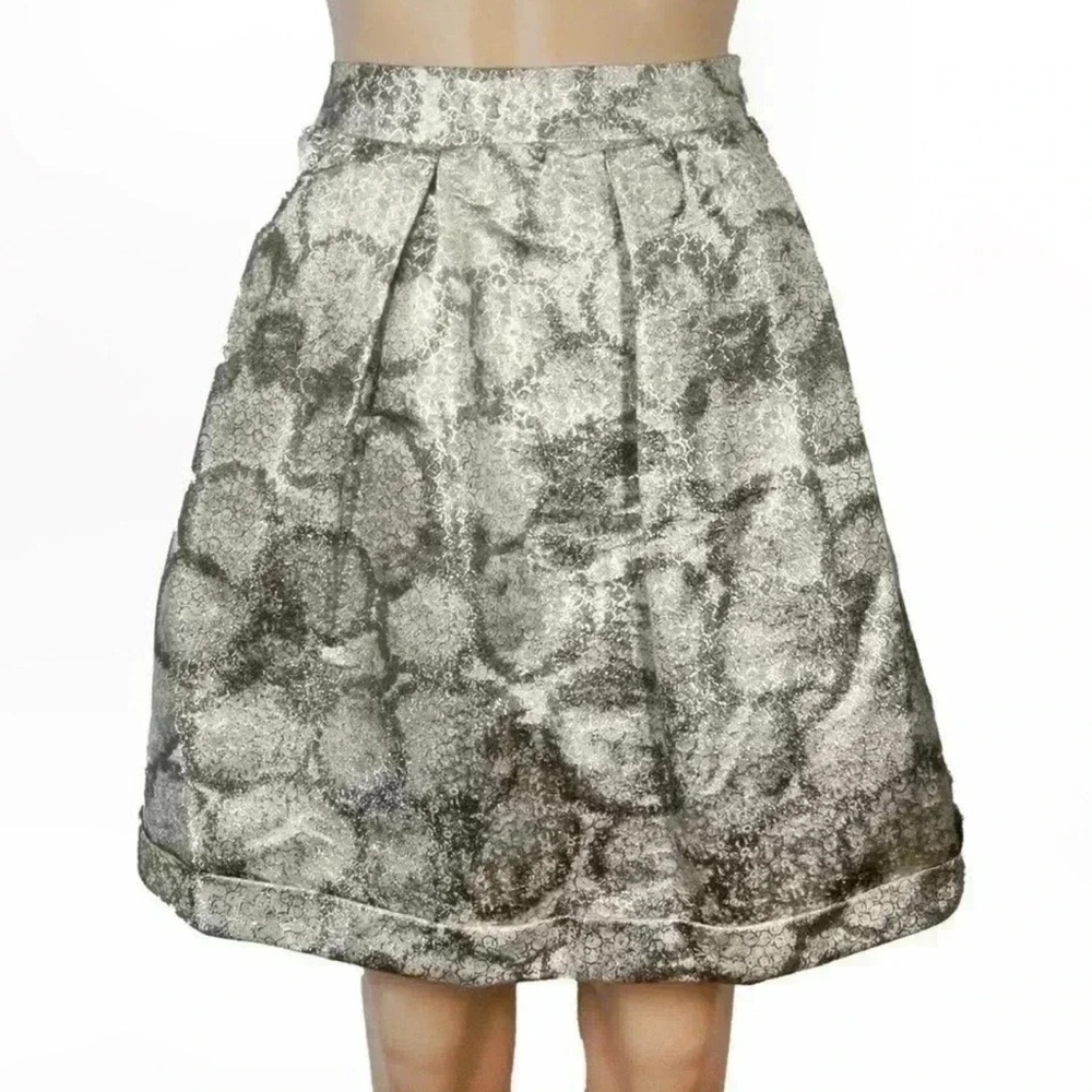 Burberry Metallic Silver Silk Jacquard Printed Pleated Full Skirt